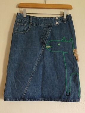 Castelbajac Embroidered Denim Skirt with Green Horse Motif